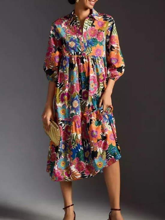 Anthropologie Dresses & Skirts - Floral Multicolor Midi Dress with Buttoned Bib